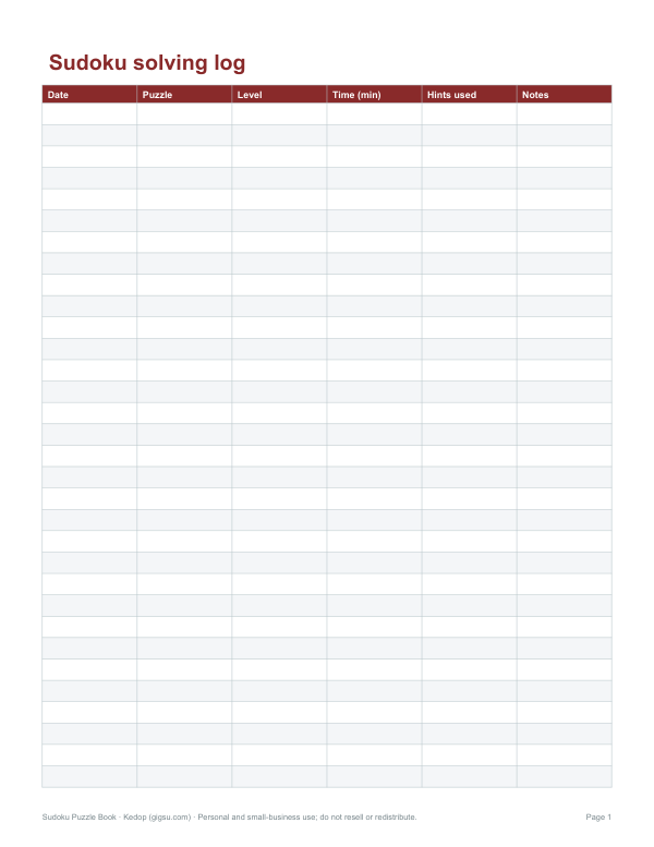 Preview of Printable Sudoku Solving Log